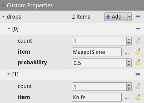 A list-valued custom property being edited in Tiled, showing a list of instances of a custom "Drop" class