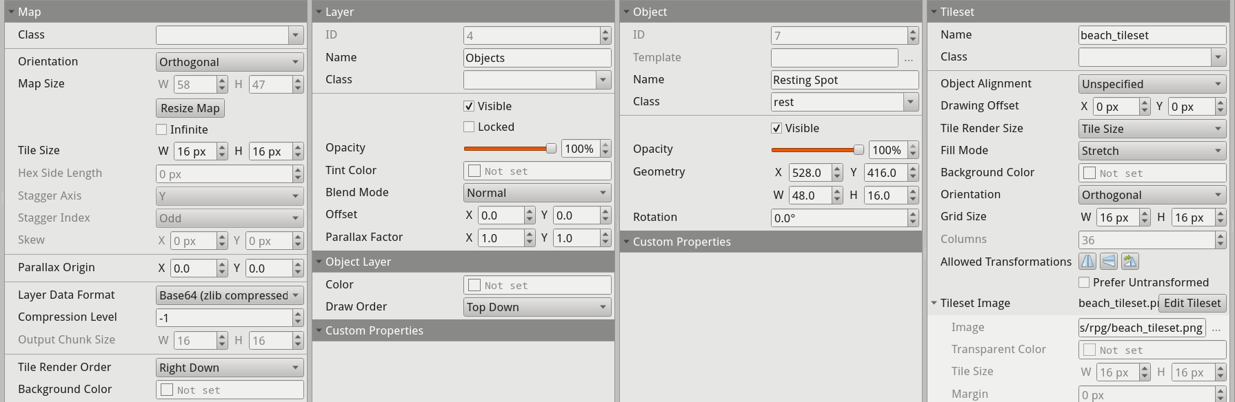 The rewritten Properties view, showing the new widgets used for Map, Layer, Object and Tileset properties, directly editable in-place
